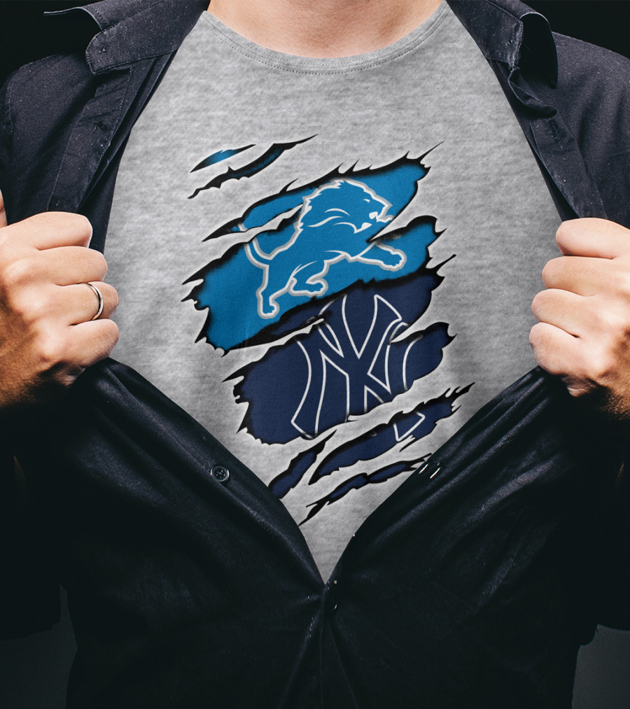 Detroit Lions And New York Yankees Ripped Claw T-Shirt