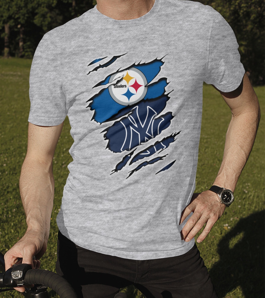 Steelers Yankees Logo Fusion Ripped Effect T-Shirt