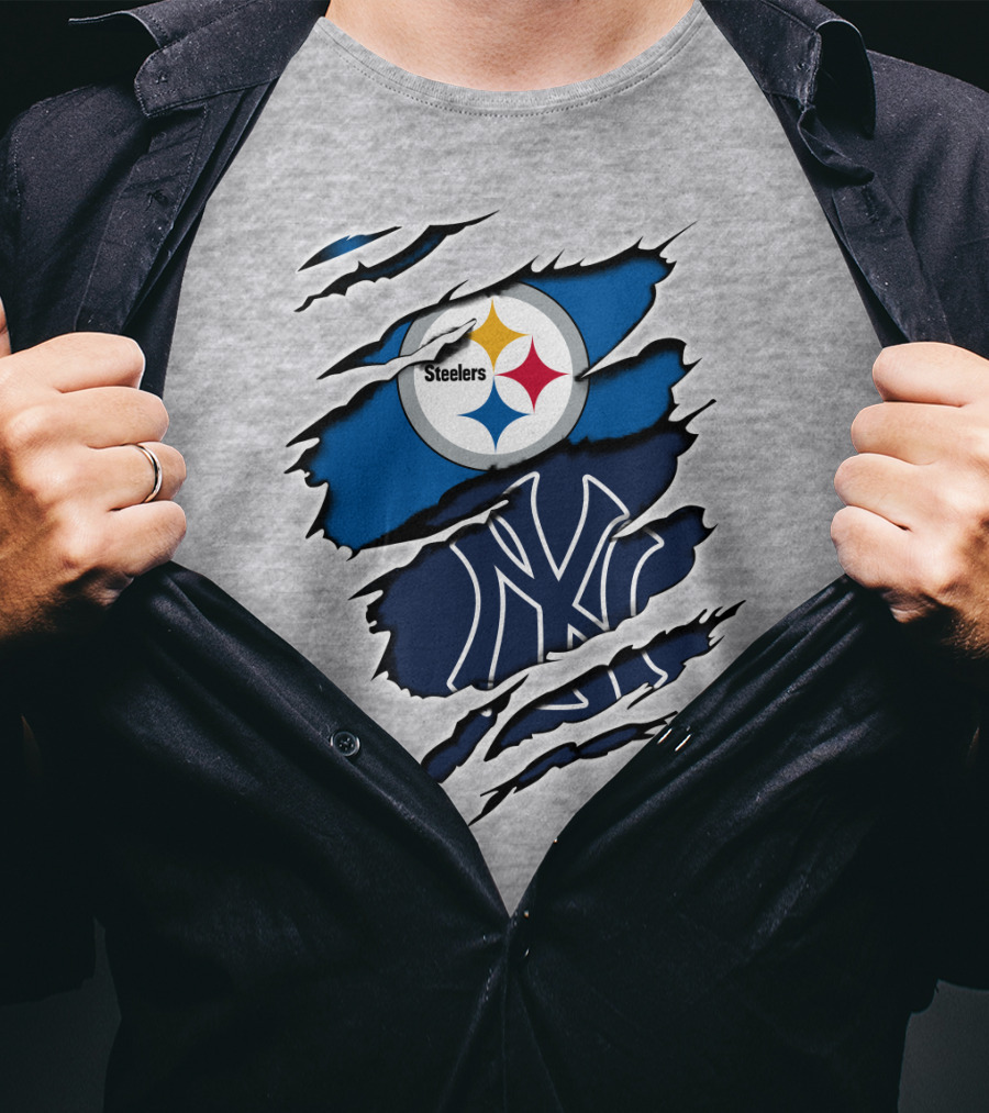 Steelers Yankees Logo Fusion Ripped Effect T-Shirt