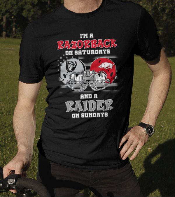 I'm A Razorback On Saturdays And A Raider On Sundays Razorbacks Raiders Helmet T-Shirt