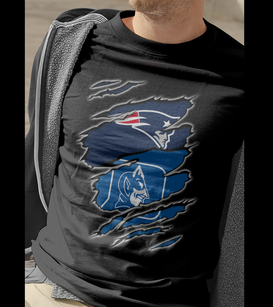 New England Patriots And Duke Blue Devils Logos In Claw Marks T-Shirt