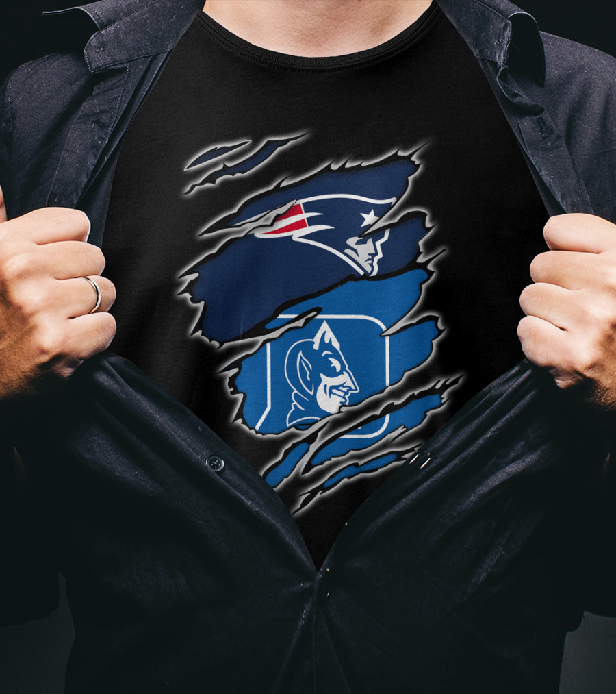 New England Patriots And Duke Blue Devils Logos In Claw Marks T-Shirt