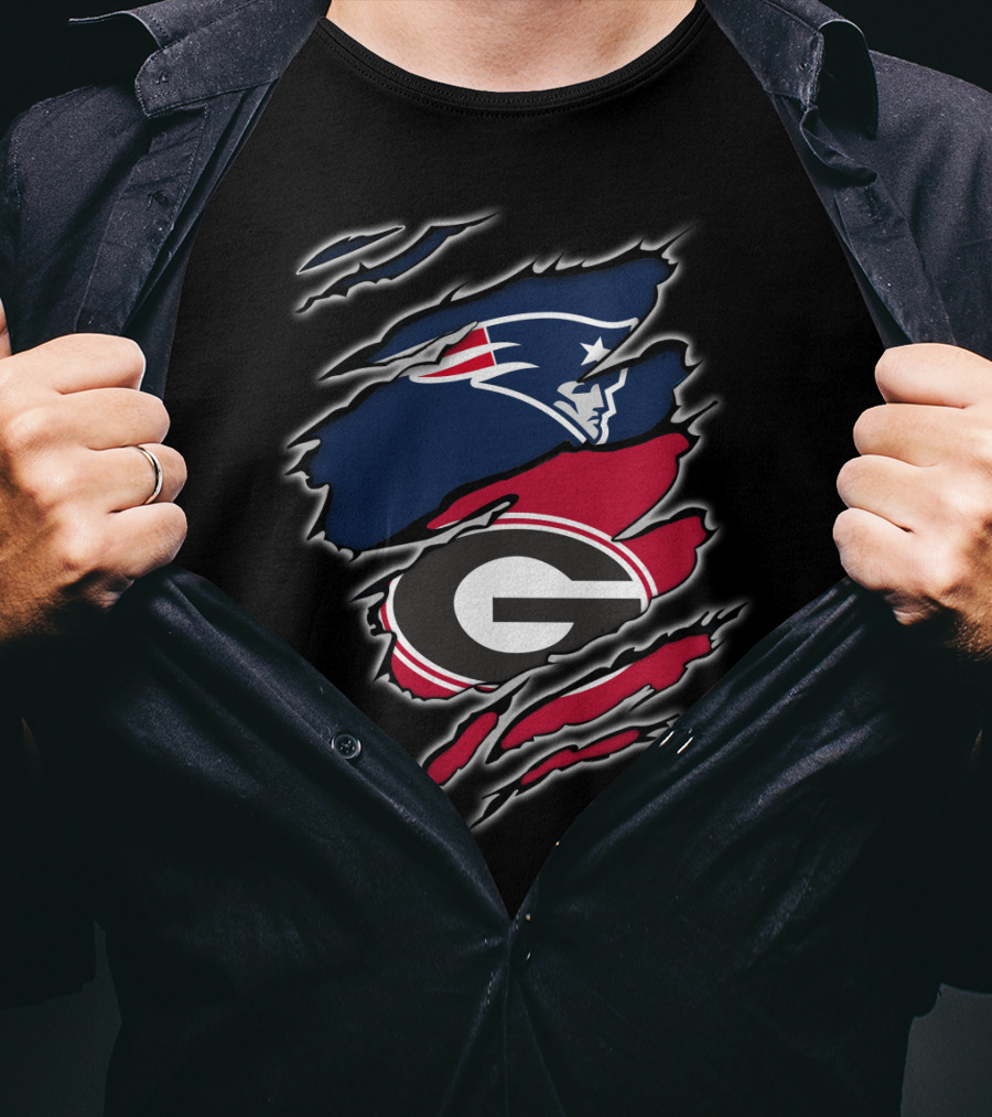 Patriots And Georgia Bulldogs Team Logos Ripped T-Shirt