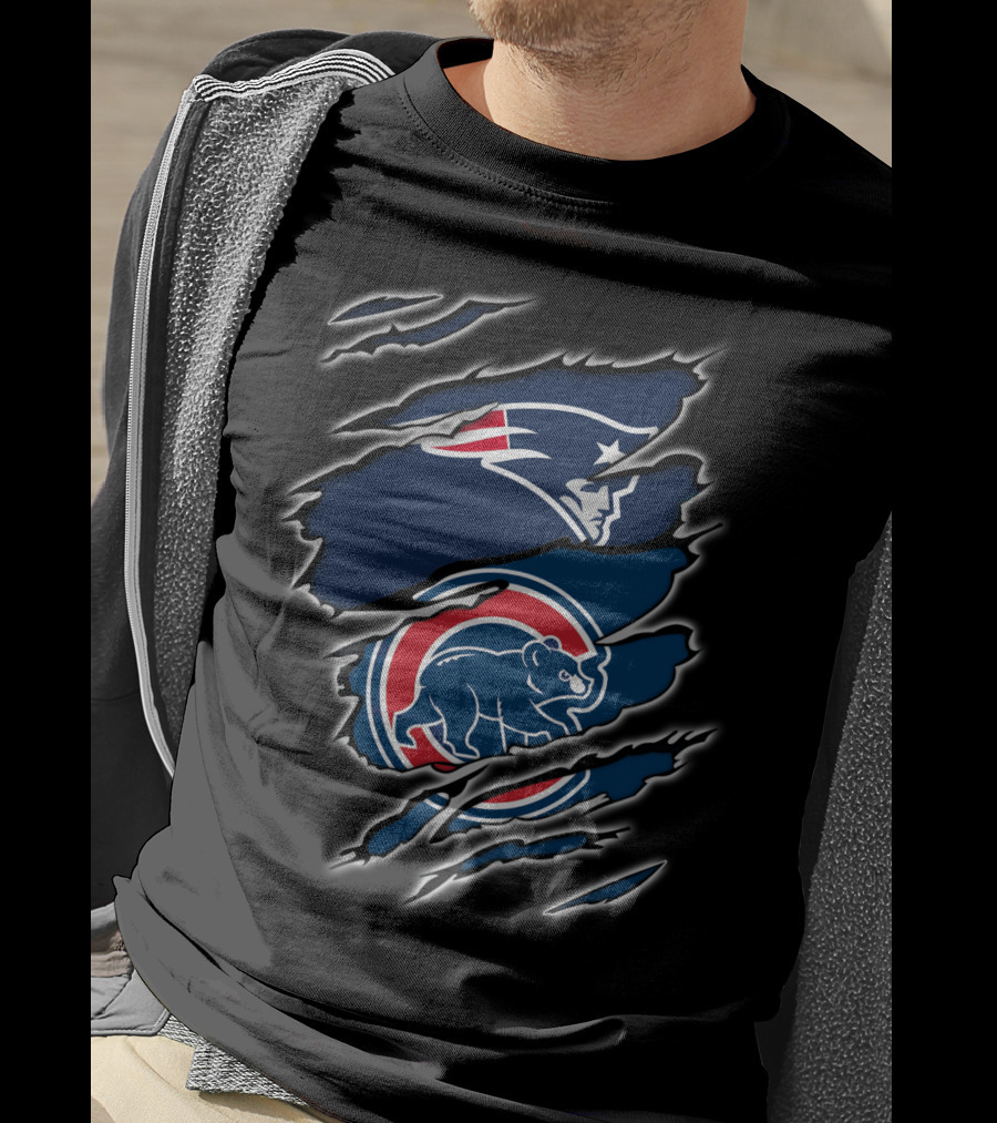 Patriots And Cubs Logos Combined In Claw Mark T-Shirt