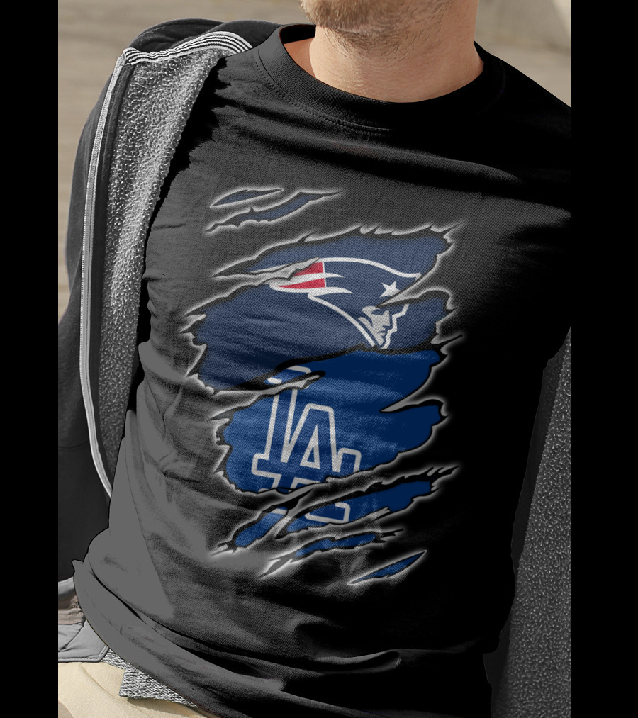 Patriots And LA Dodgers Logos In Torn Fabric T-Shirt