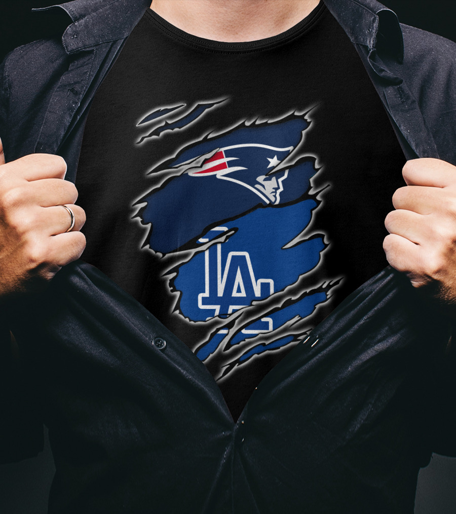 Patriots And LA Dodgers Logos In Torn Fabric T-Shirt