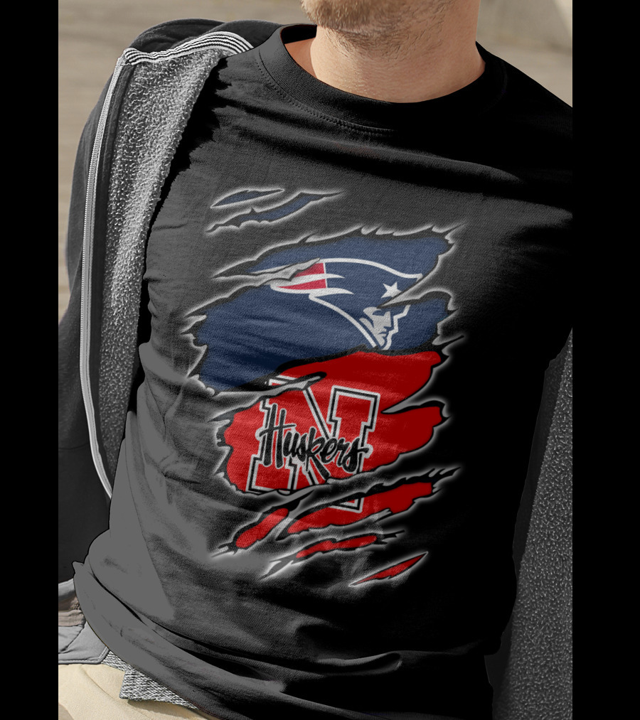 Patriots Logo With Huskers Nebraska N And Huskers Text In Torn T-Shirt