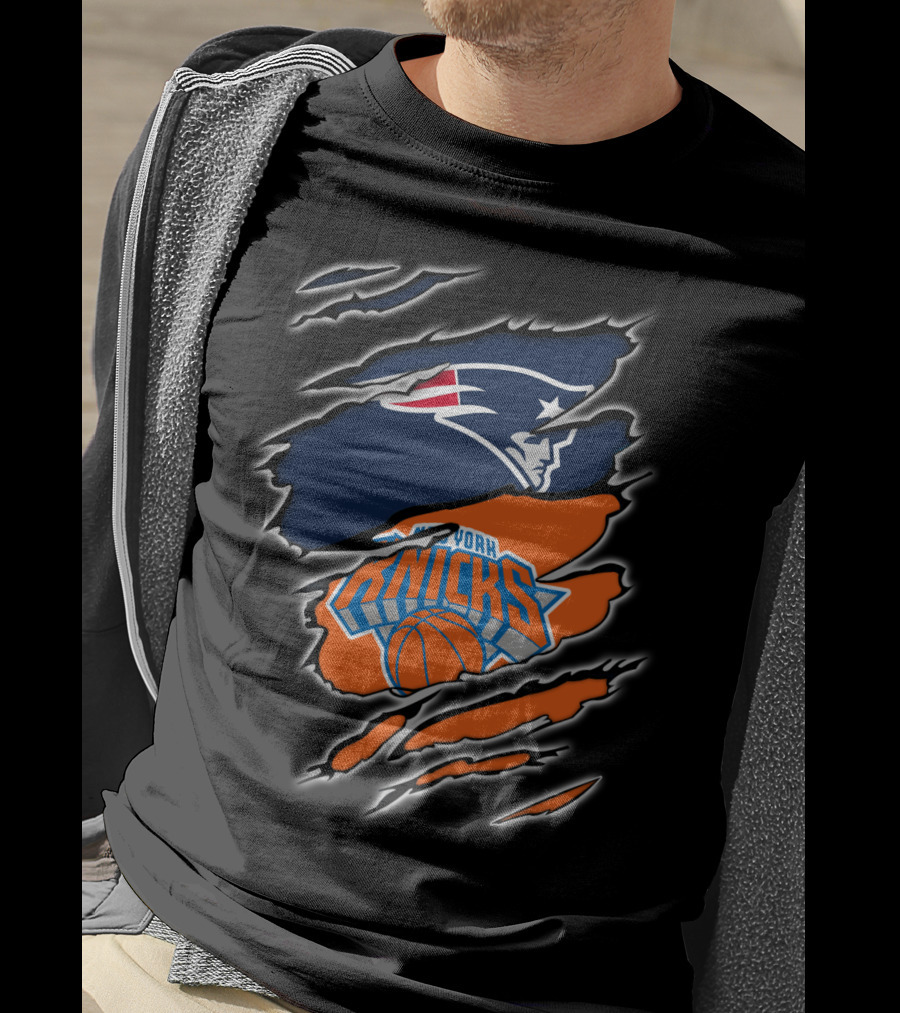 Patriots Emblem Overlaid With New York Knicks Basketball Motif T-Shirt