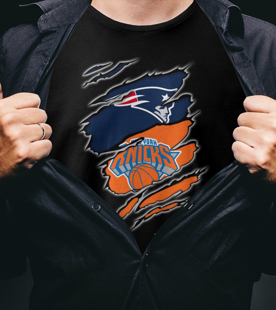 Patriots Emblem Overlaid With New York Knicks Basketball Motif T-Shirt