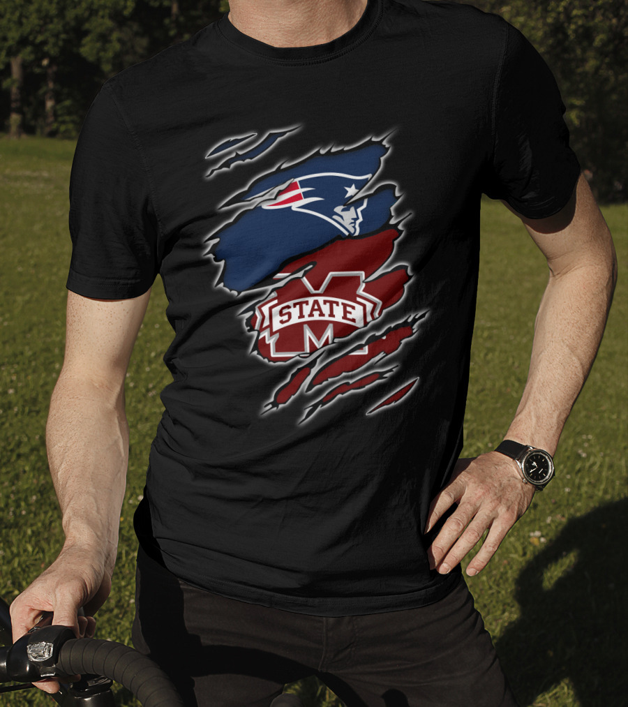 Patriots Face And MS State Logo Claw Rips T-Shirt