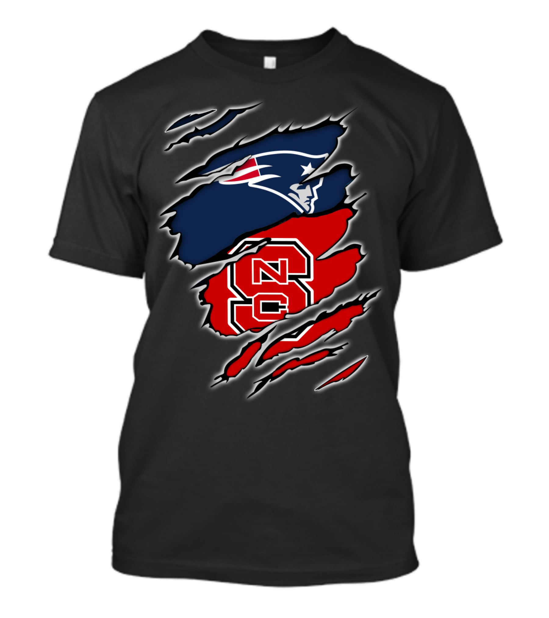Ripped Design Featuring Patriots Logo And NC State Wolfpack T-Shirt