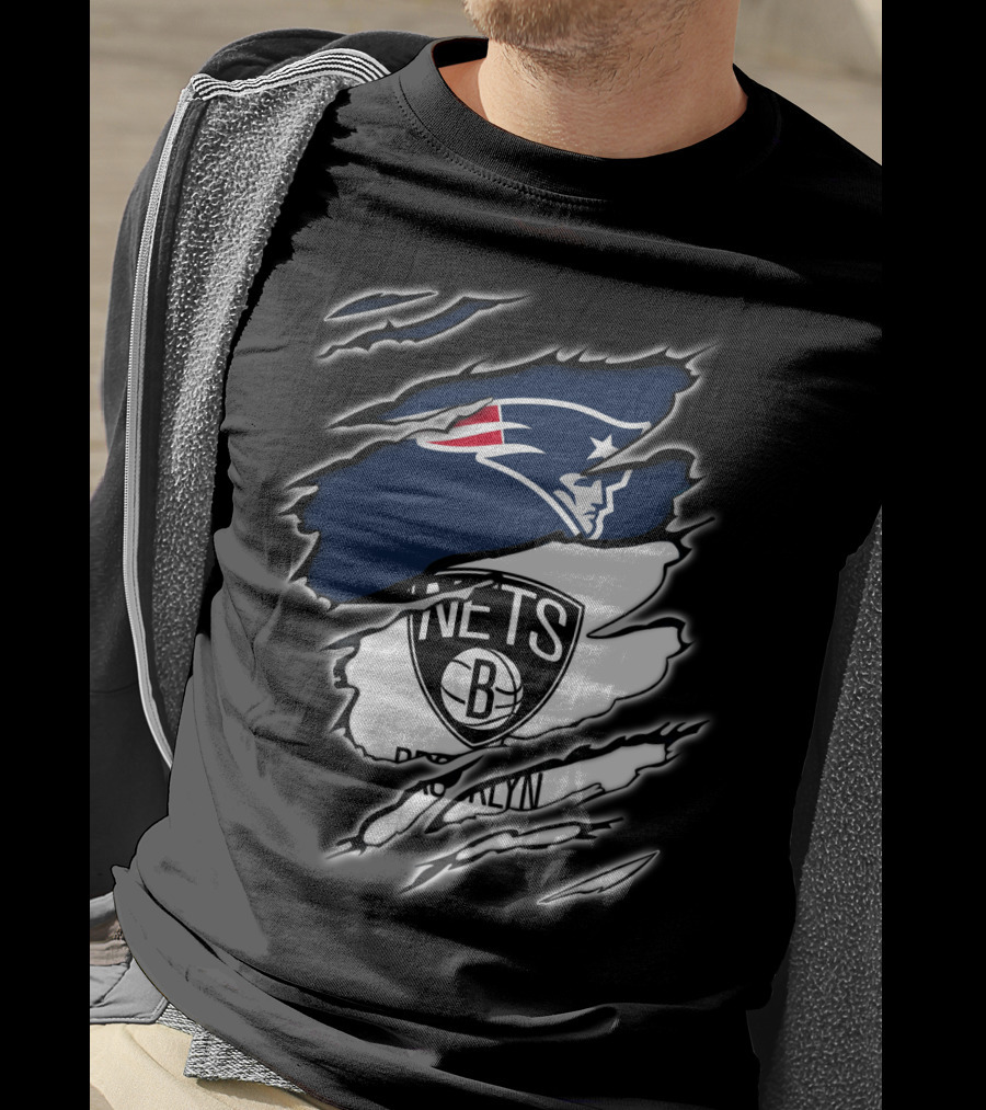 New England Patriots And Brooklyn Nets Ripped T-Shirt