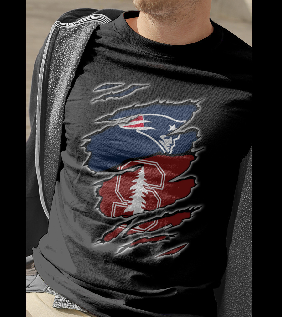 New England Patriots And Stanford Cardinal Logos In Torn T-Shirt