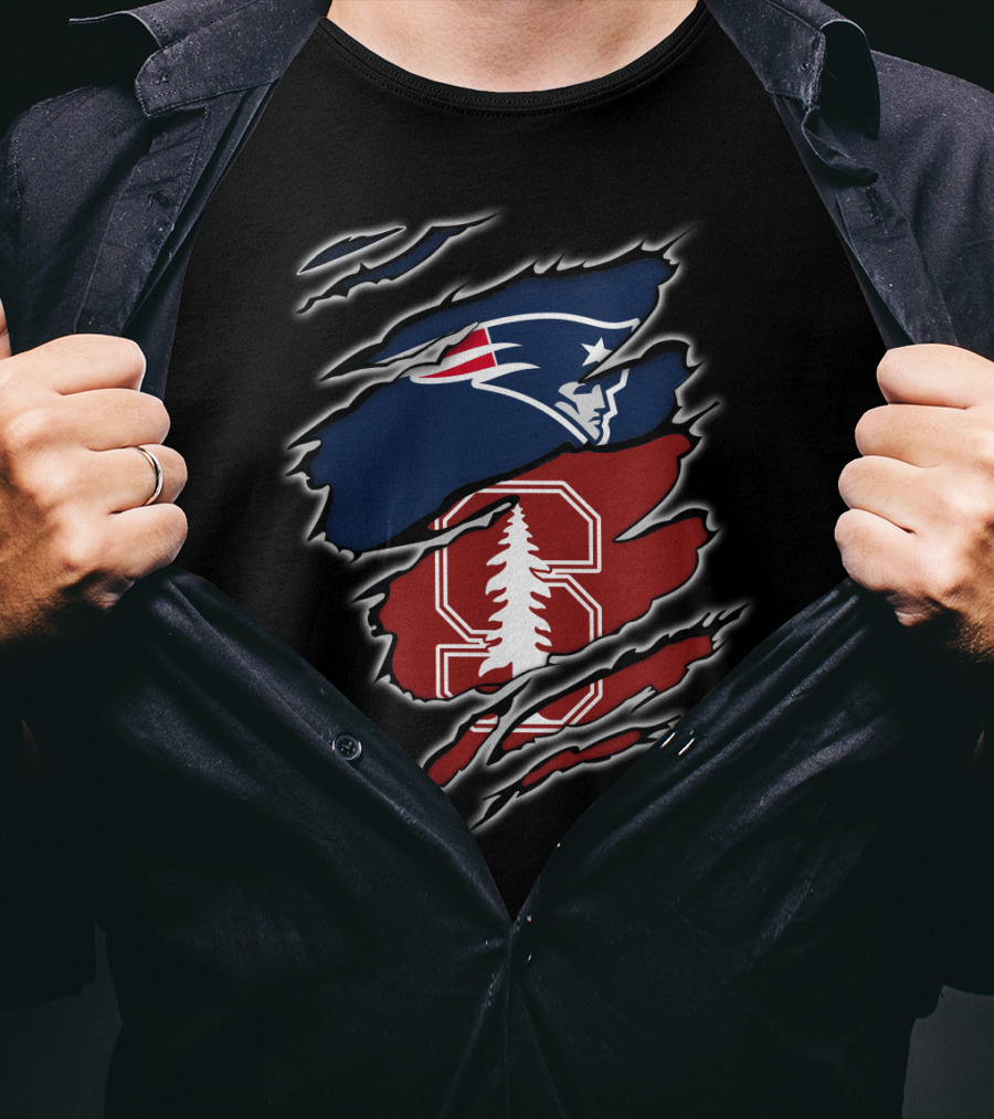 New England Patriots And Stanford Cardinal Logos In Torn T-Shirt