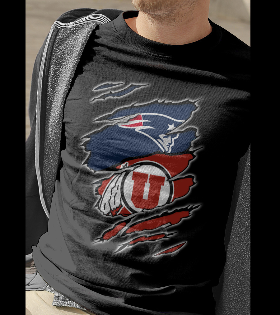 New England Patriots And Utah Utes Torn Ripped Combo T-Shirt