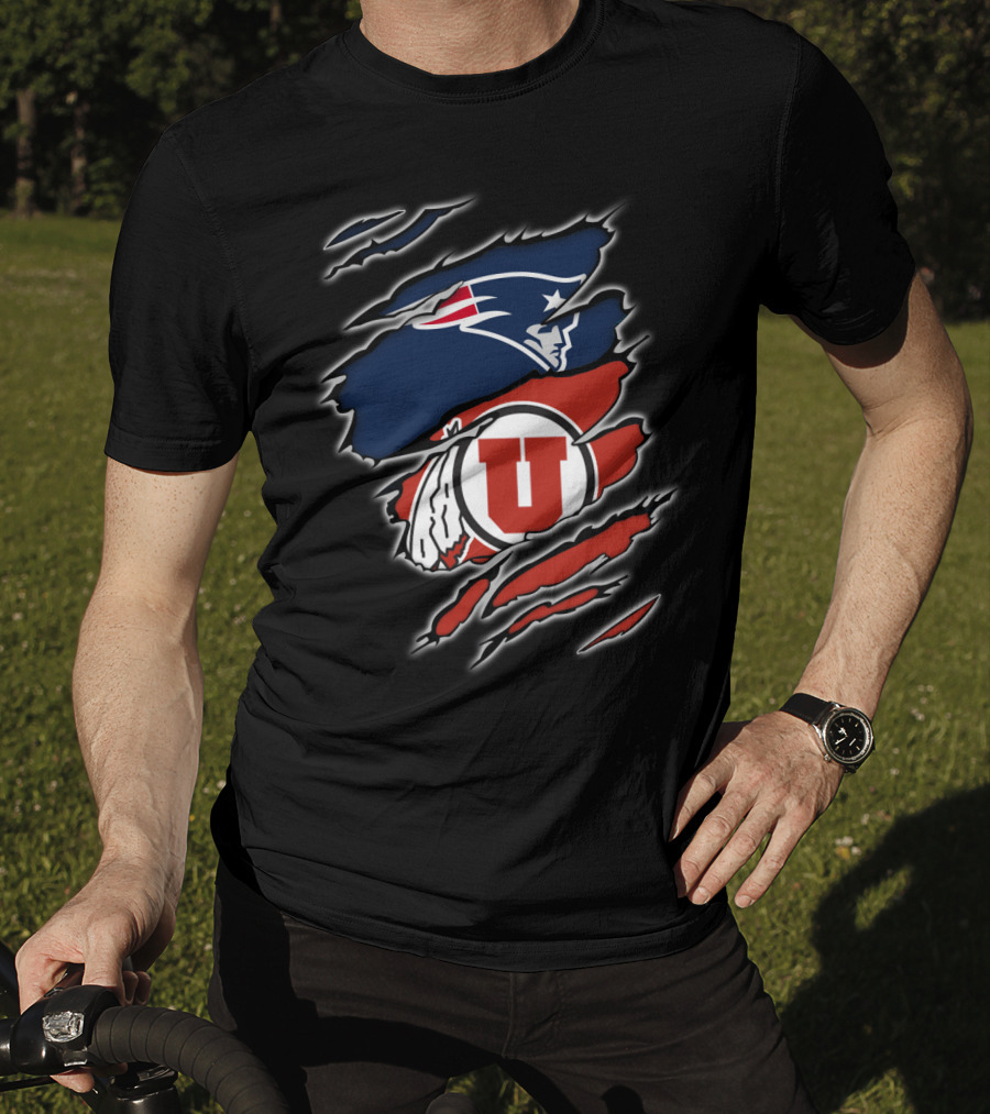 New England Patriots And Utah Utes Torn Ripped Combo T-Shirt