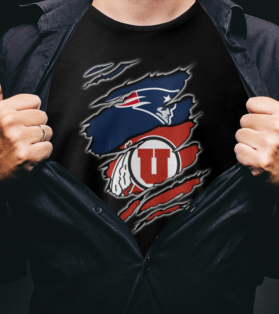 New England Patriots And Utah Utes Torn Ripped Combo T-Shirt