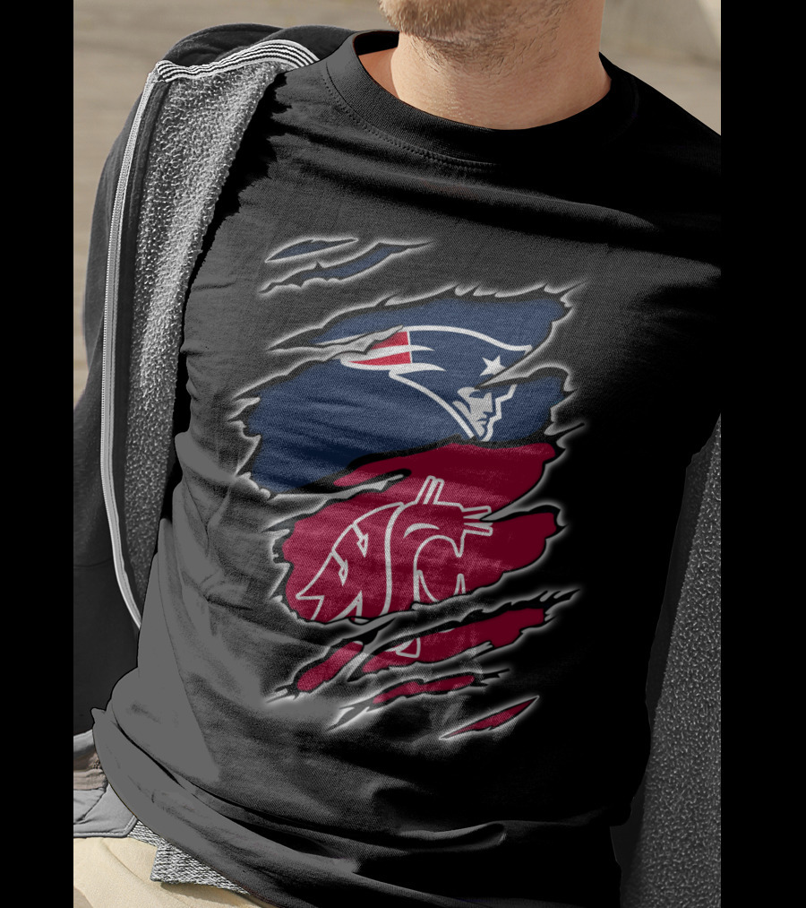 Patriots New England And Washington State Cougars Logos Torn T-Shirt