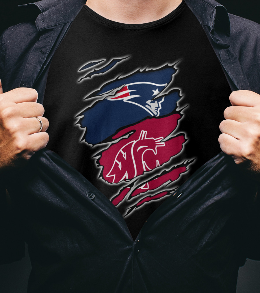 Patriots New England And Washington State Cougars Logos Torn T-Shirt