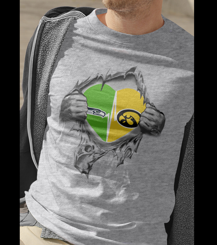 Hawkeyes Seahawks Heart Split Torn Grey Background T-Shirt