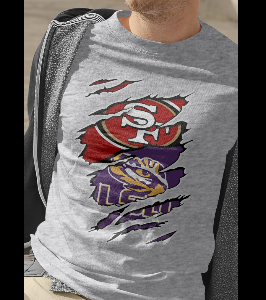 LSU Tigers And San Francisco 49ers Logos On Torn Background T-Shirt