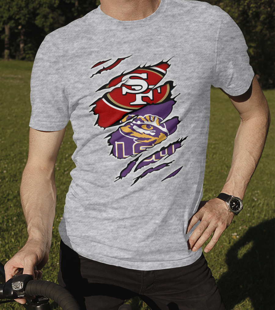 LSU Tigers And San Francisco 49ers Logos On Torn Background T-Shirt