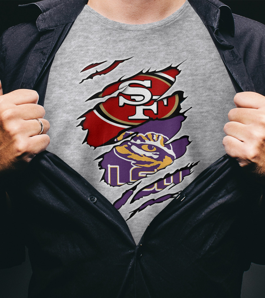 LSU Tigers And San Francisco 49ers Logos On Torn Background T-Shirt