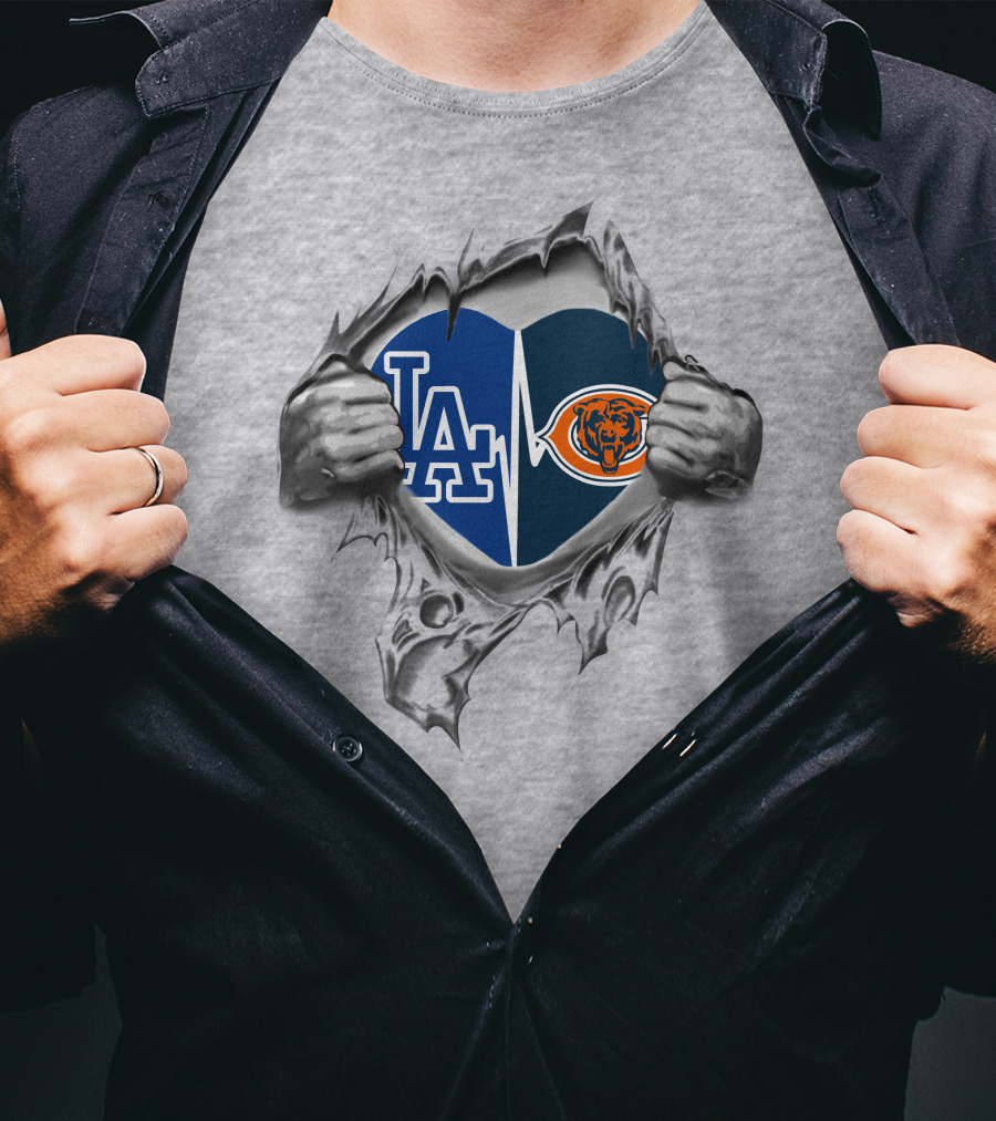 Bears Dodgers Heart With Logos Inside Torn Fabric T-Shirt