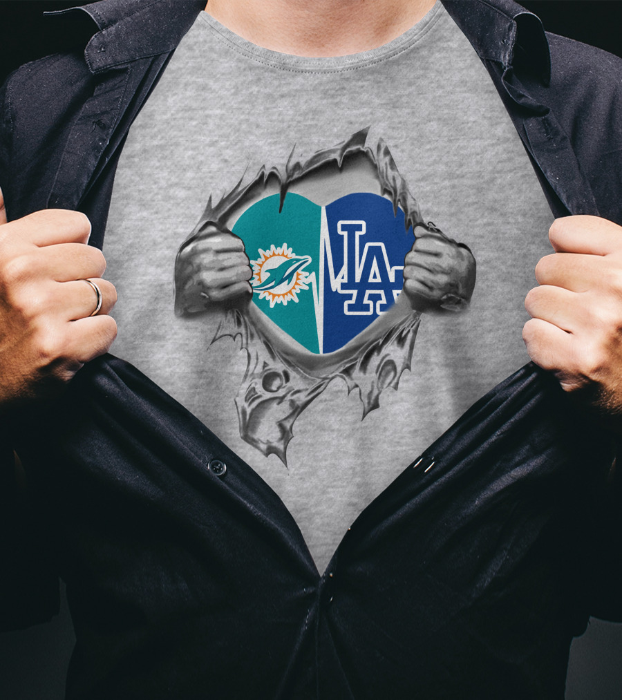 Miami Dolphins LA Dodgers Heart Tear T-Shirt