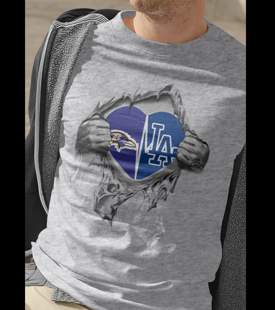 Ravens Dodgers Heart Logos Torn T-Shirt