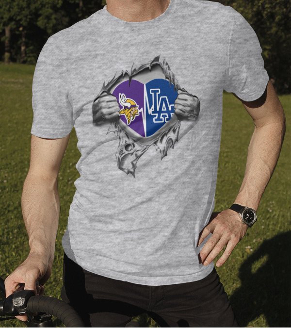 Vikings Dodgers It's In My Heart LA Logo Split Purple And Blue Heart NFL MLB Fans T-Shirt