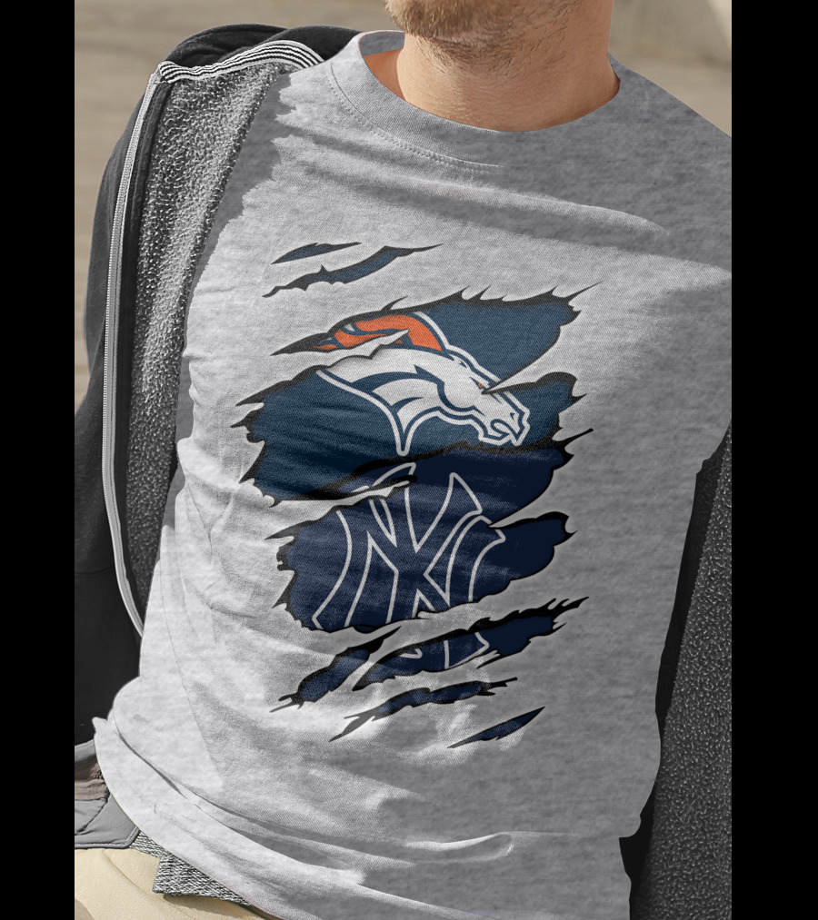 Broncos Yankees Distressed Dual Team Logo Fusion T-Shirt