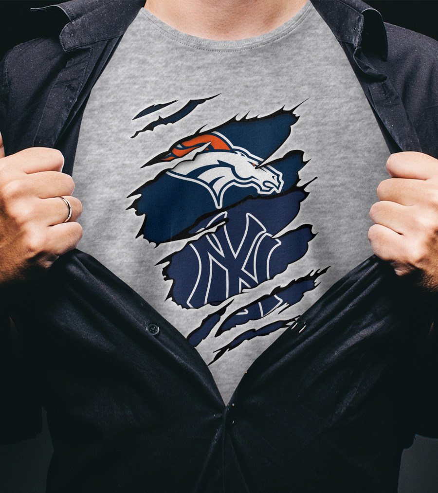 Broncos Yankees Distressed Dual Team Logo Fusion T-Shirt