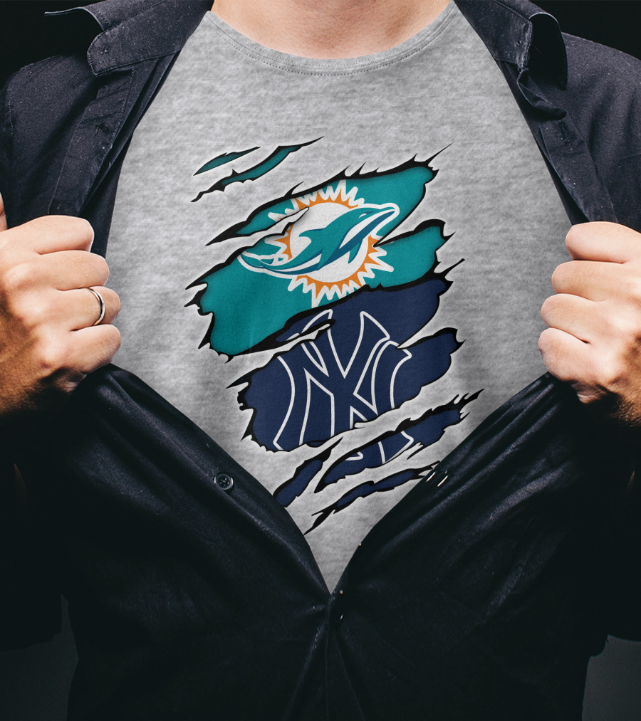 Miami Dolphins New York Yankees Logos Integration T-Shirt