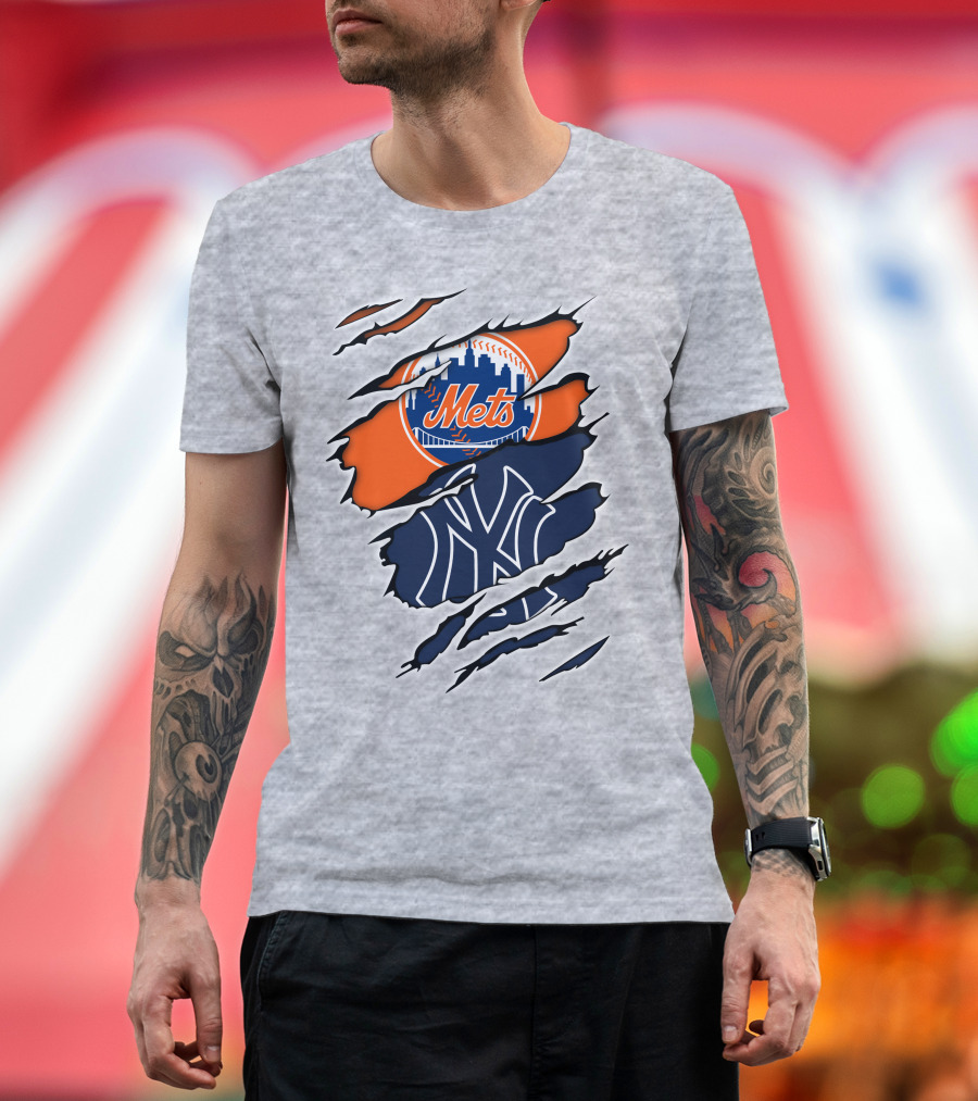 Mets Yankees Logo Tear Skyline Baseball Rivalry T-Shirt
