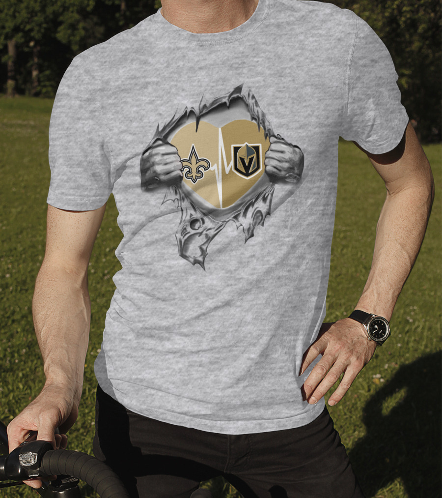 Golden Knights And Saints Heartbeat Fleur-de-Lis And Shield Emblem T-Shirt