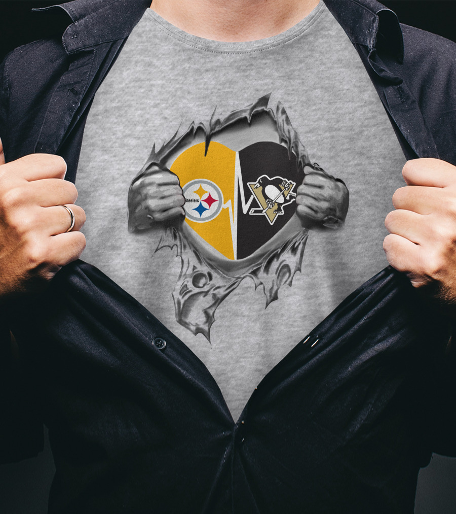 Steelers Penguins Heart With Steelers Star And Penguins Hockey T-Shirt