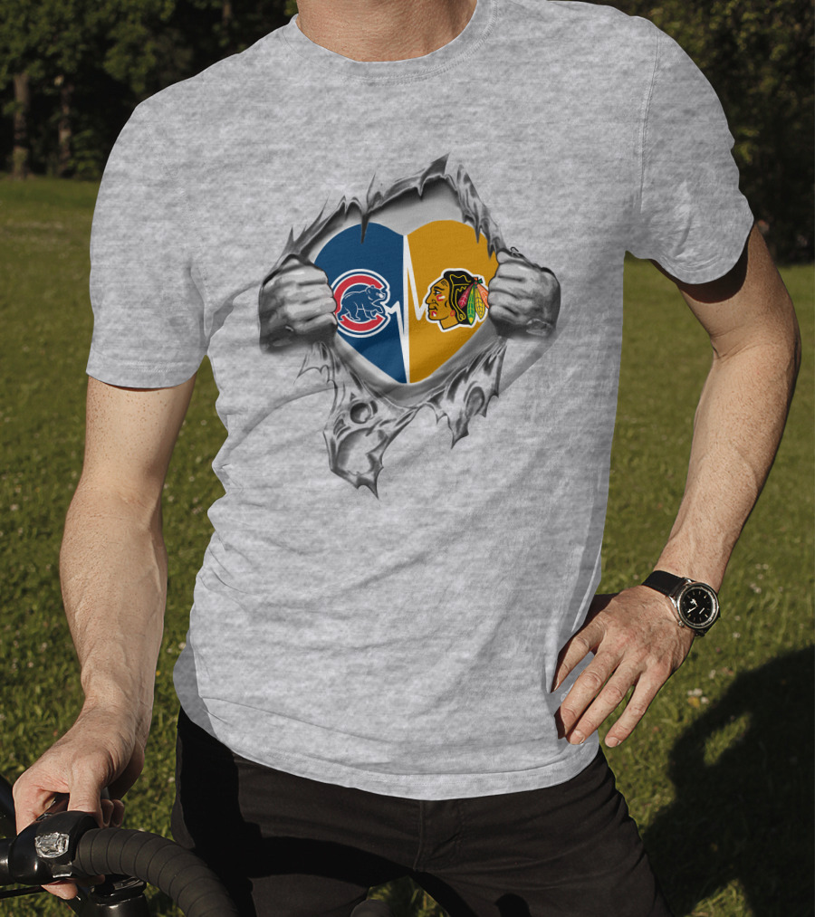 Chicago Cubs Blackhawks Heart Tear T-Shirt