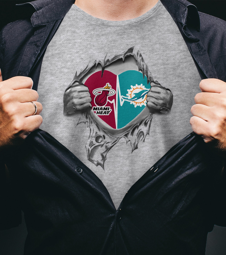 Miami Heat Dolphins Heart Logo Fusion T-Shirt