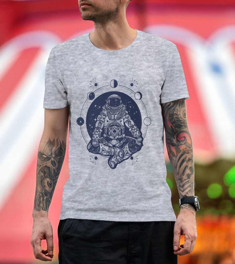 Zen Astronaut Meditating In Cosmic Orbit With Geometric Star Map T-Shirt