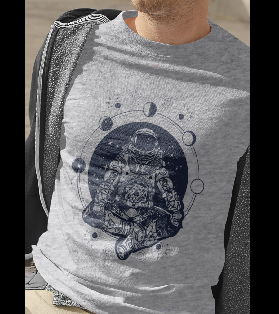 Zen Astronaut Meditating In Cosmic Orbit With Geometric Star Map T-Shirt