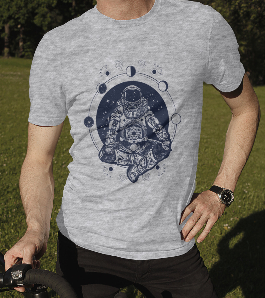 Zen Astronaut Meditating In Cosmic Orbit With Geometric Star Map T-Shirt