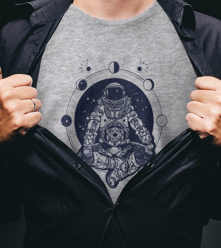 Zen Astronaut Meditating In Cosmic Orbit With Geometric Star Map T-Shirt