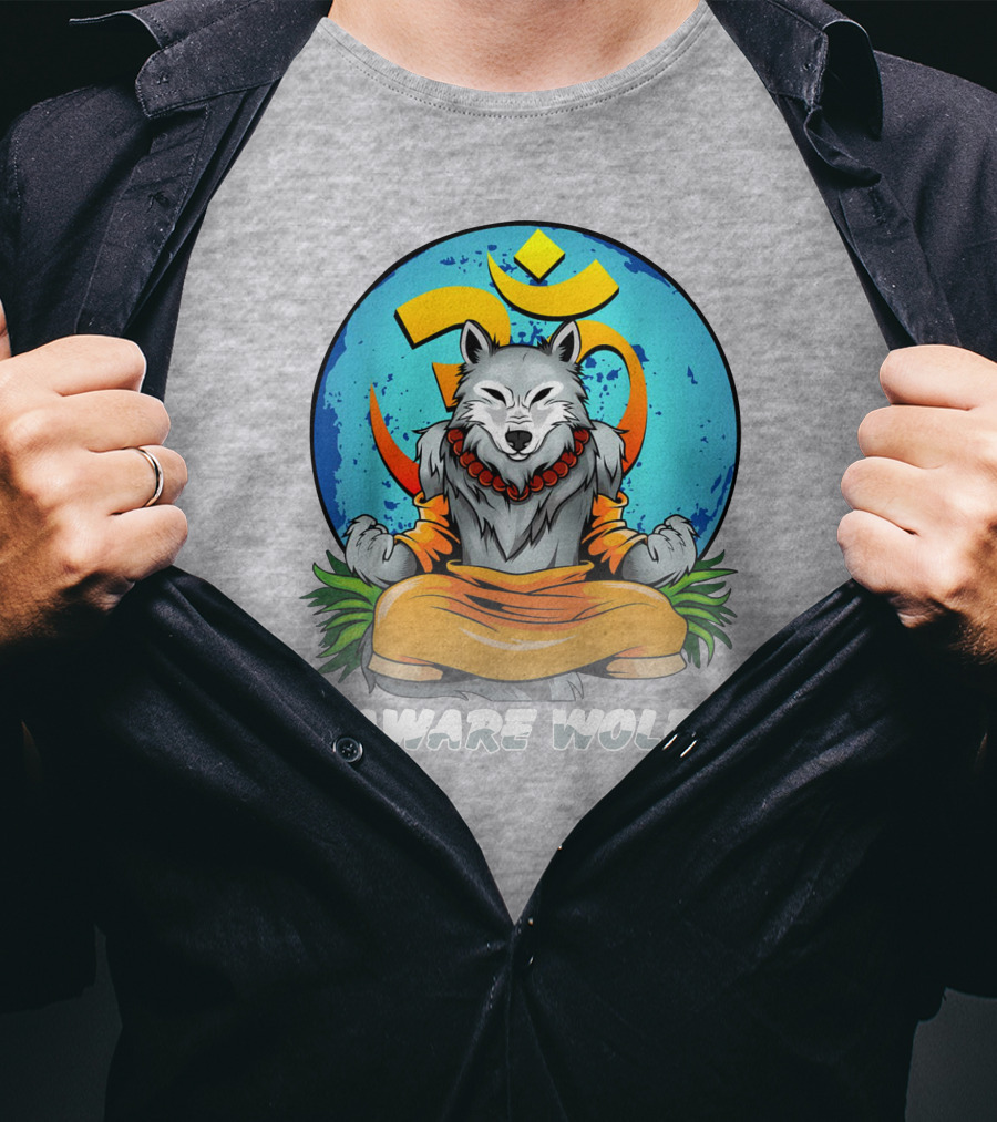 Aware Wolf Meditation Om Symbol Wolf T-Shirt
