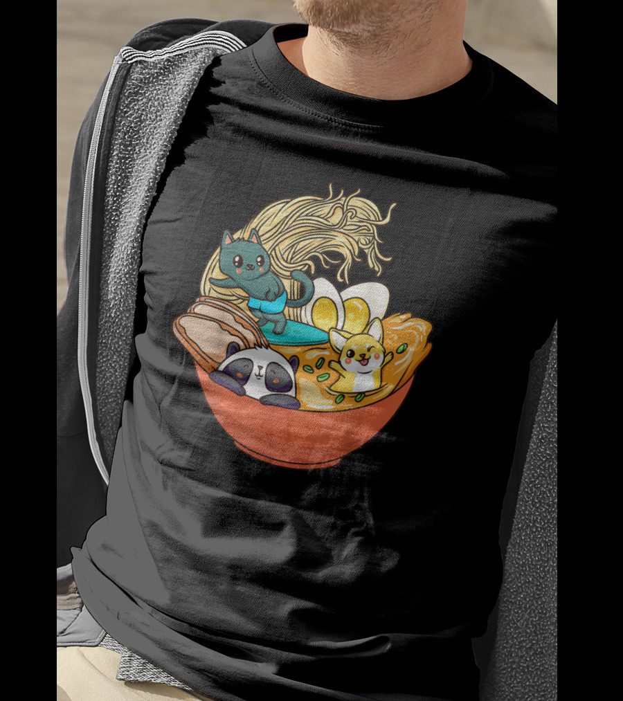 Cute Kawaii Cat Panda Dog In Ramen Bowl Japanese Anime Noodle T-Shirt