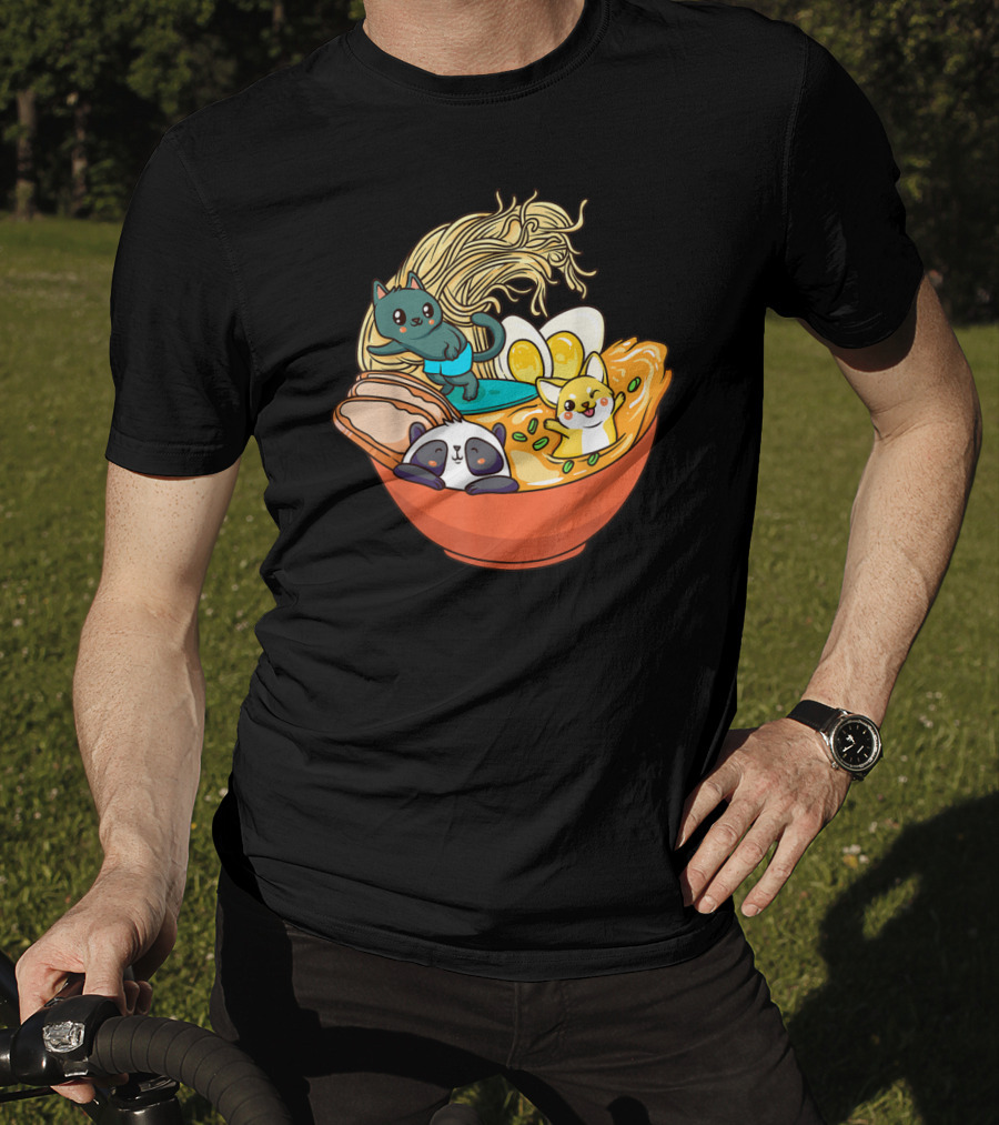 Cute Kawaii Cat Panda Dog In Ramen Bowl Japanese Anime Noodle T-Shirt