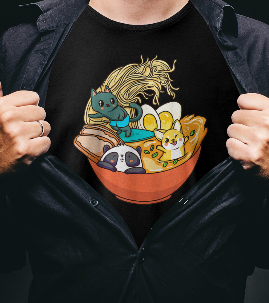 Cute Kawaii Cat Panda Dog In Ramen Bowl Japanese Anime Noodle T-Shirt