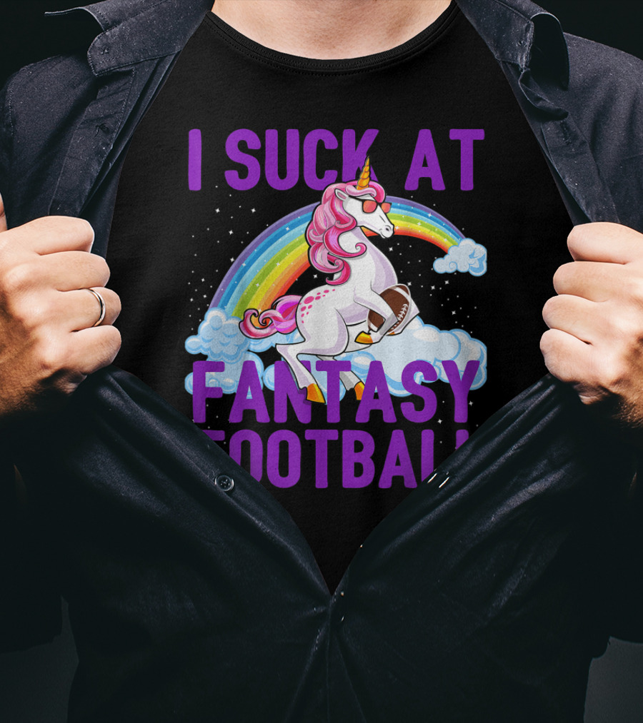 I Suck At Fantasy Football Unicorn Rainbow Clouds T-Shirt