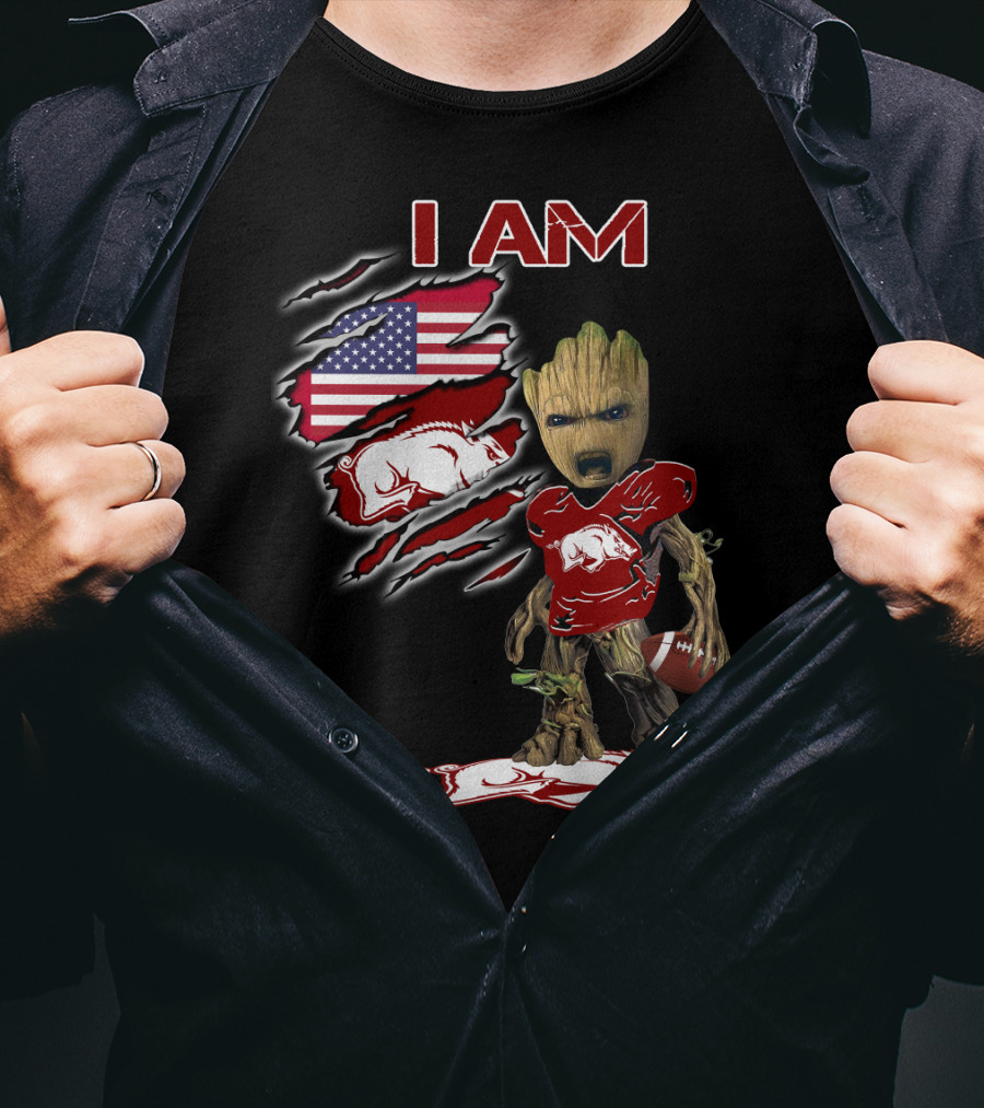 I Am Baby Groot Arkansas Razorbacks Football American Flag T-Shirt