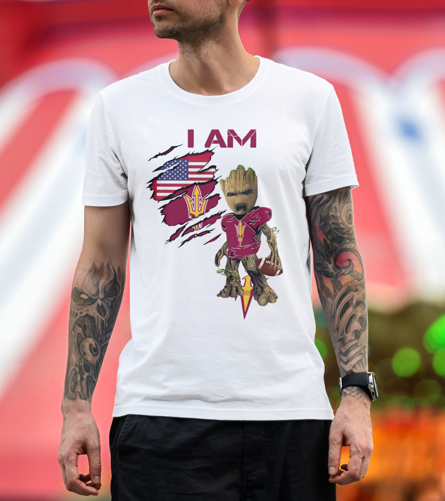 I Am ASU Baby Groot Football American Flag T-Shirt